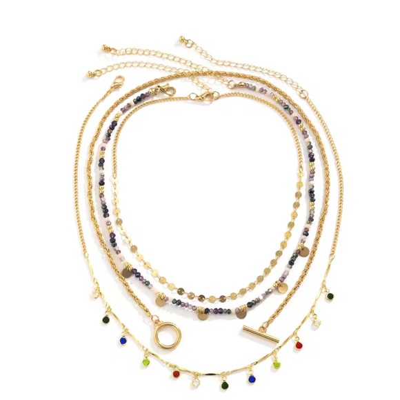 Layered Beaded & Chain Charm Necklace Set – 4-in-1 Gold-Tone Statement Look - Picture 3 of 6